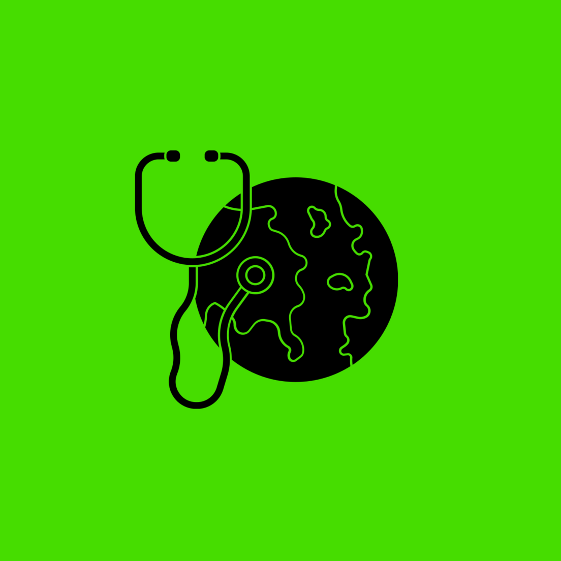 A minimalist graphic design is set against a bright green background. The design depicts a black silhouette of a stethoscope placed over a simplified, black outline of a globe. The stethoscope's chest piece is positioned as if listening to the heart of the Earth, symbolizing global healthcare.